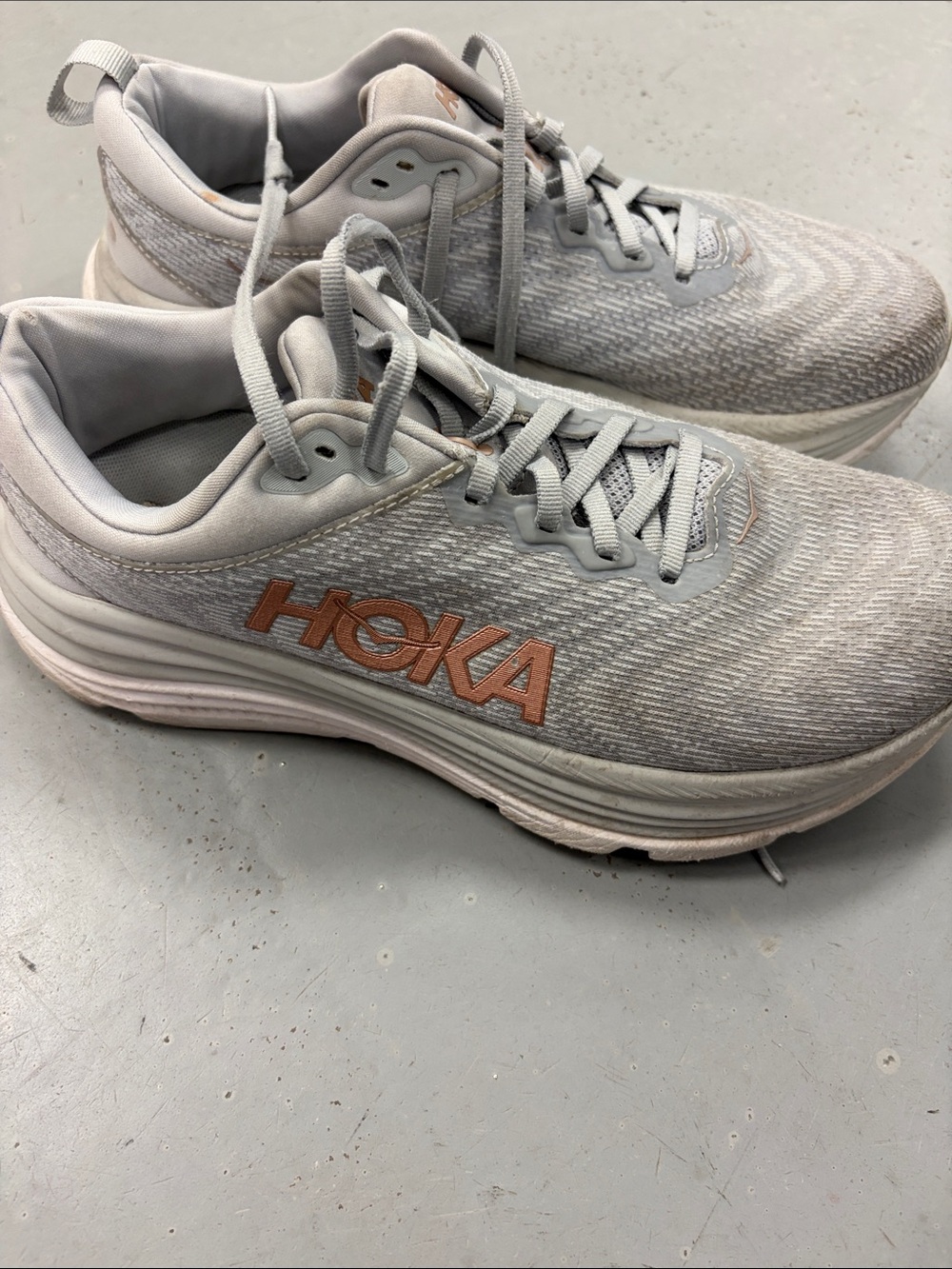 Hoka Light Gray Athletic Sneakers with Rose Gold Logo